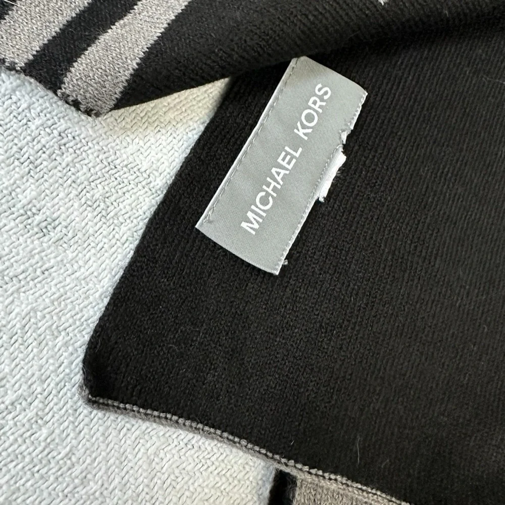Michael Kors Big MK Bottom Stripe Knit Muffler Scarf, Gray with Black
